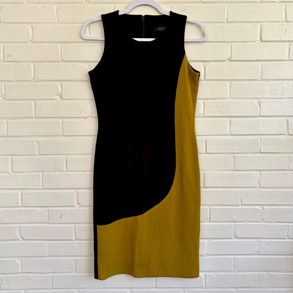Misook (Made in Korea) Knit‎ Sheath Dress Contrast Black/Mustard, SZ XS EUC